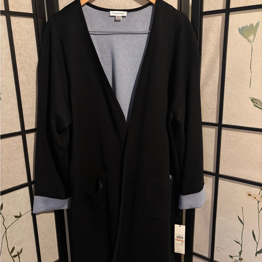 Calvin Klein Navy Blue Open Front Lux Long Knit Blazer